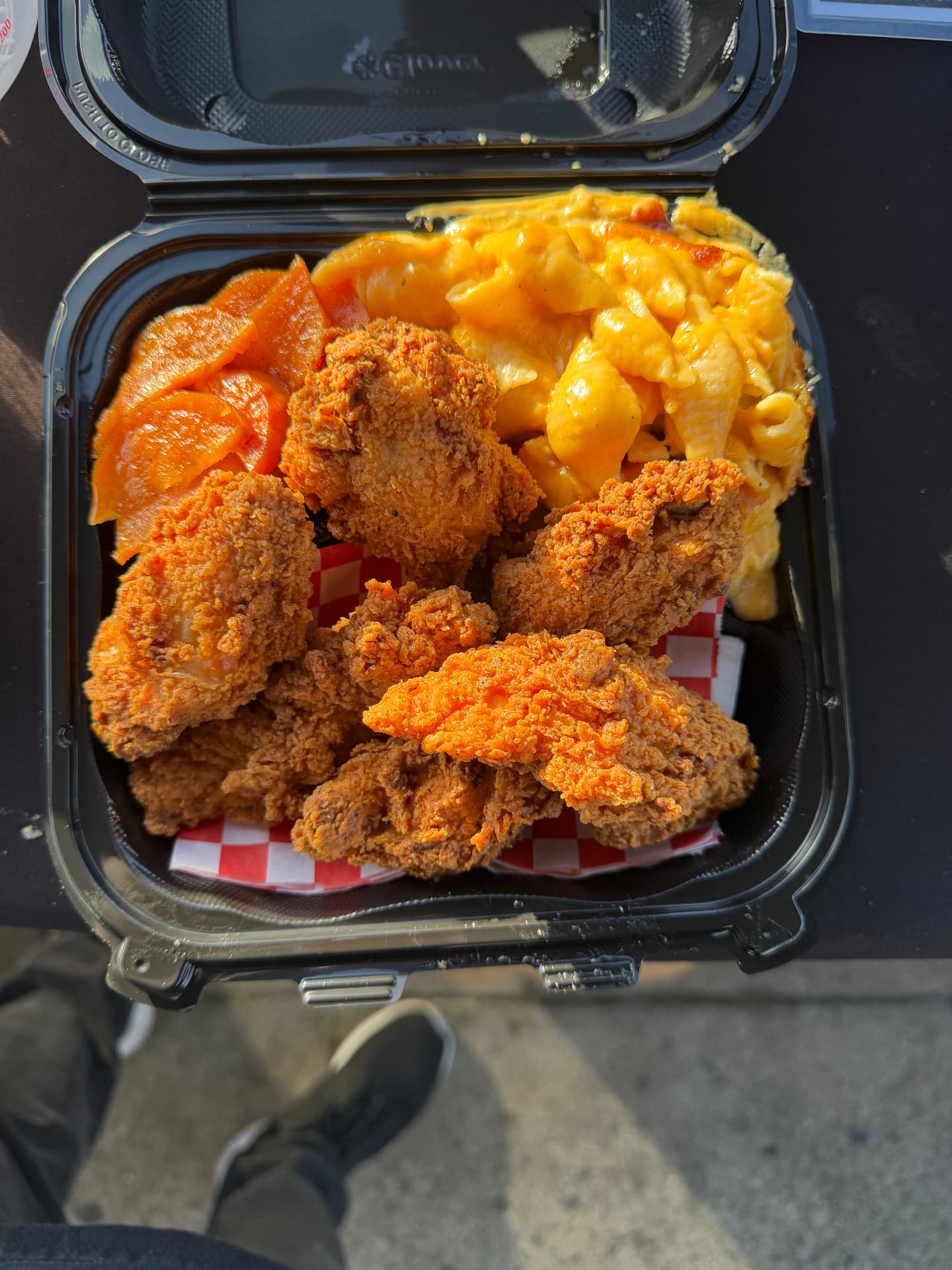 Fried chicken with baked macaroni and cheese and candied yams from Lovie Mae's Kitchen